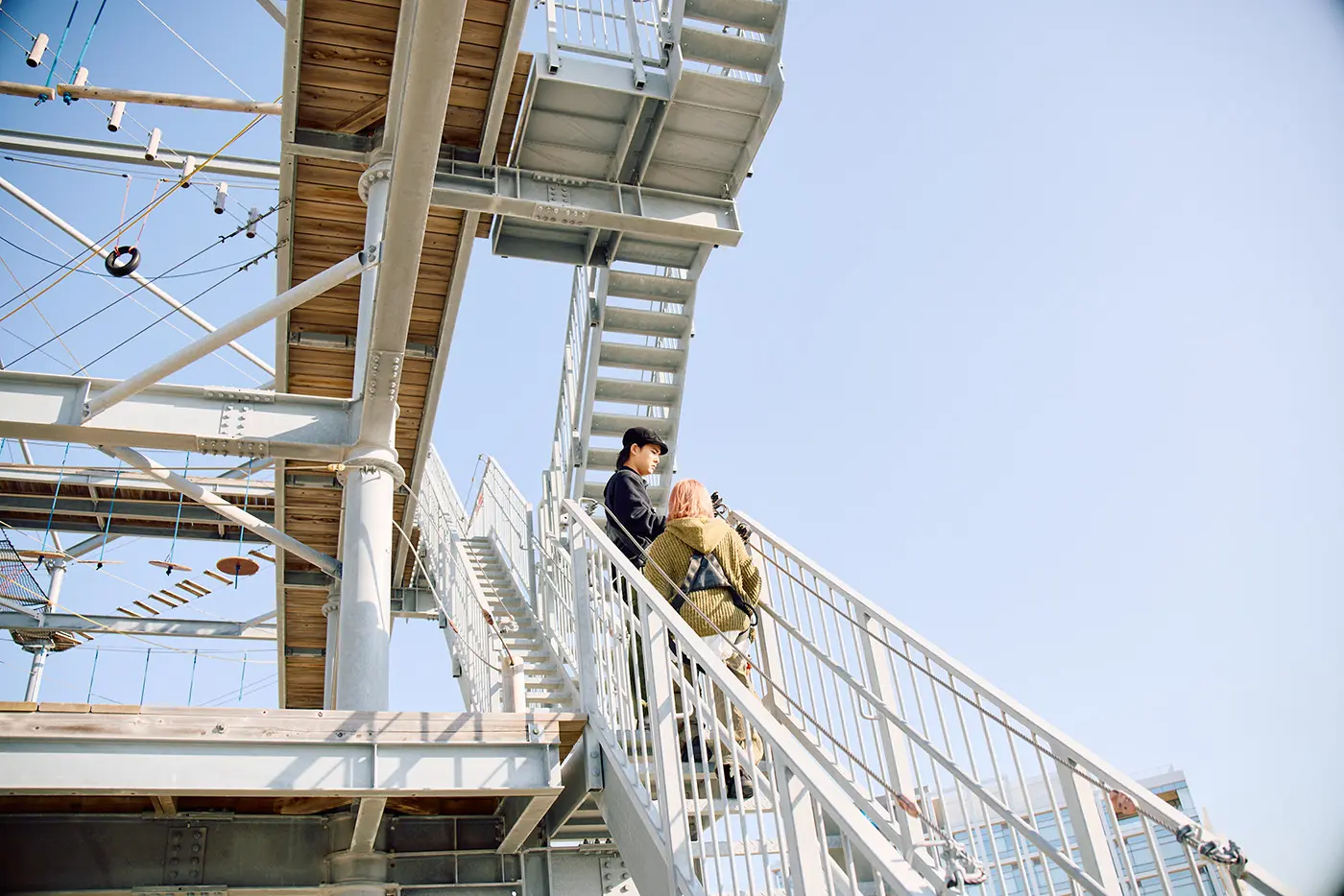 A couple climbing the stairs