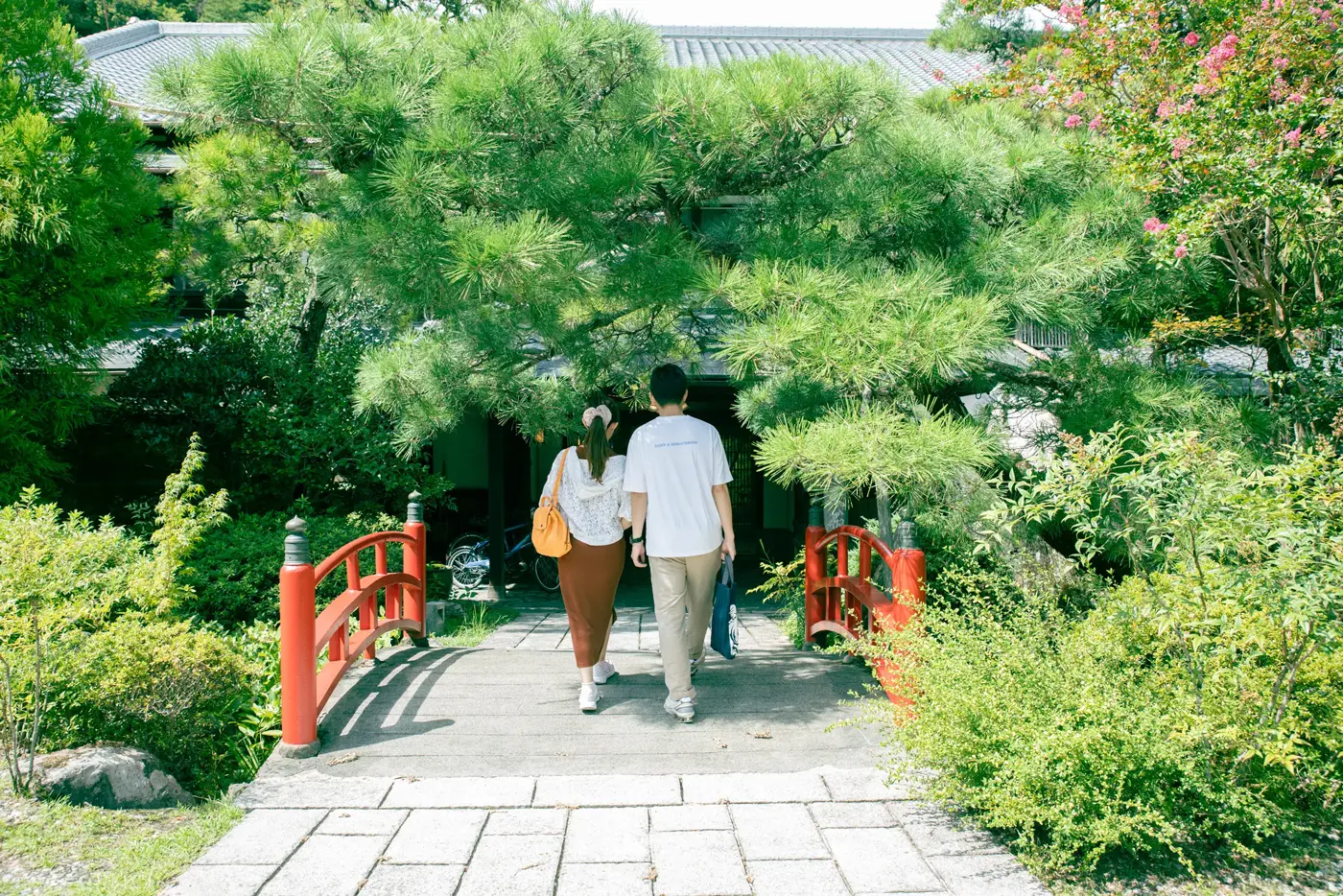 Japanese garden scenery with a bridge with red parapets and pine trees