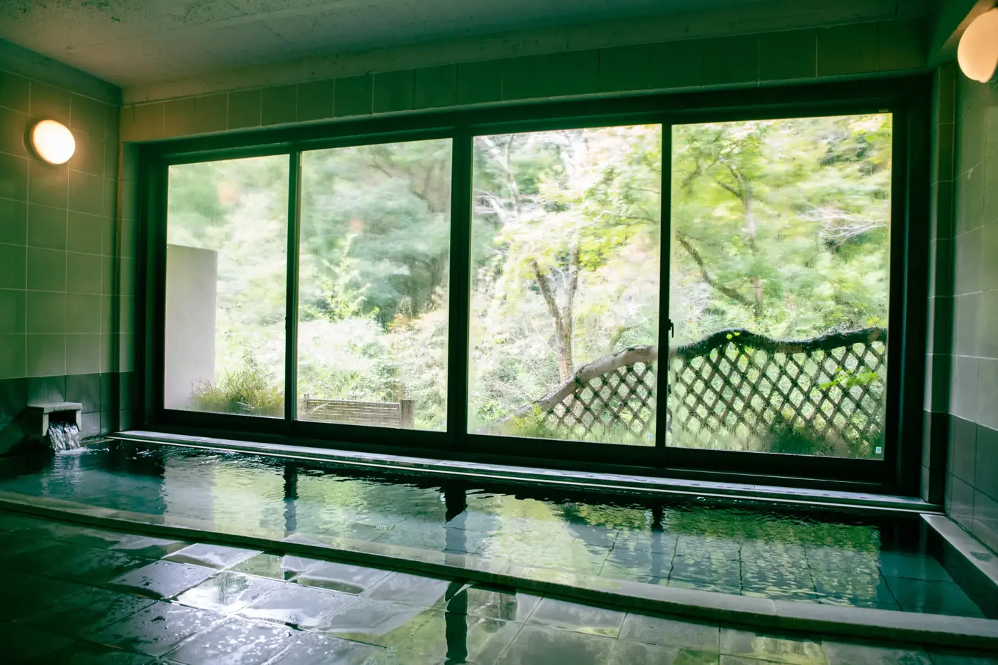 Indoor hot spring with a view of greenery from large windows