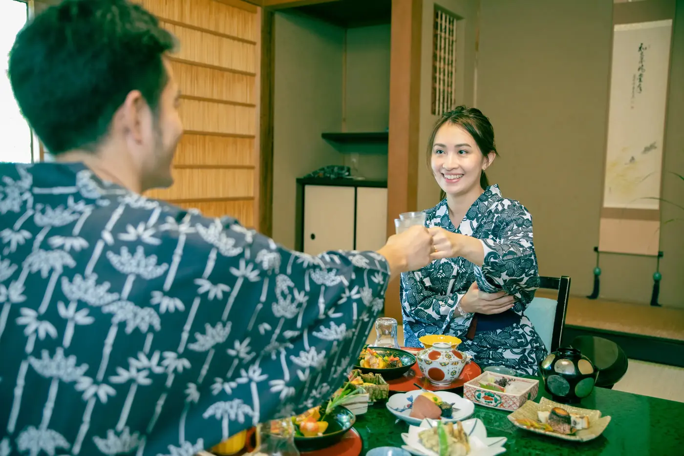 A toast before the kaiseki meal!