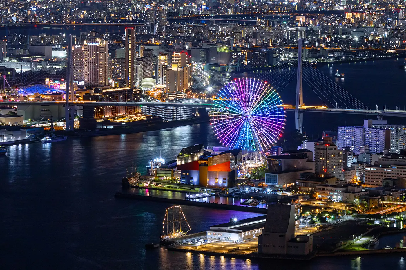 从观景台上,您可以欣赏到天保山夜景的全景,包括摩天轮和大阪的城市景观。