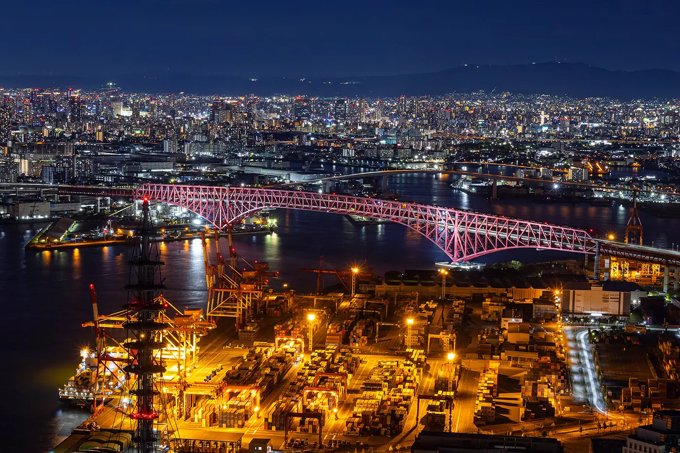 您还可以从观景台上看到世界最大的桁架桥之一——港大桥,它在红色灯光的映衬下显得格外美丽。