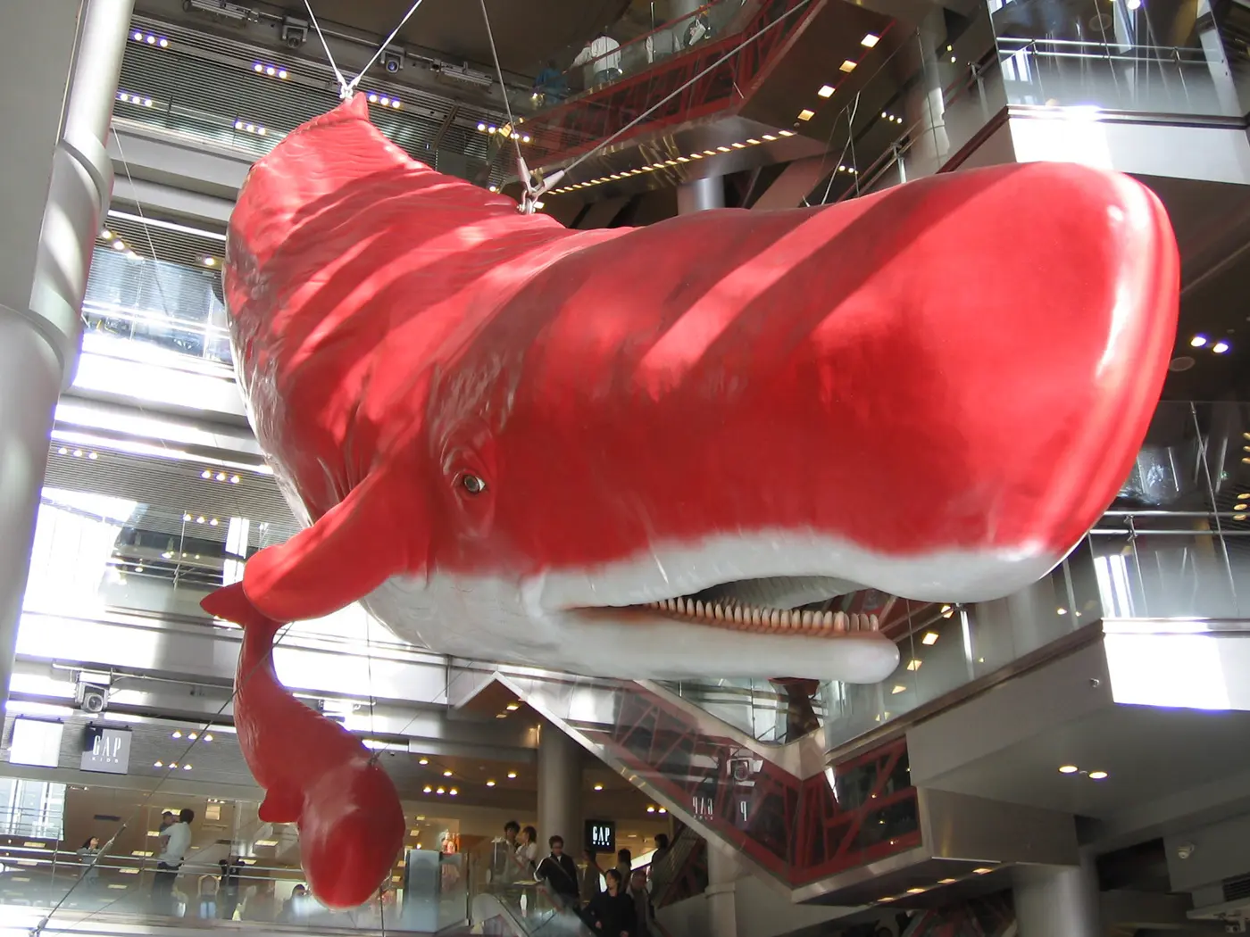 Upon entering the facility and looking up, you'll be greeted by a gigantic red whale sculpture produced by artist Tatsuya Ishii.